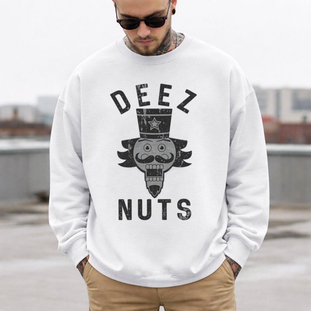 Crazy Dog Mens Deez Nuts 69 Sweatshirt Gildan 18000 White T Shirt