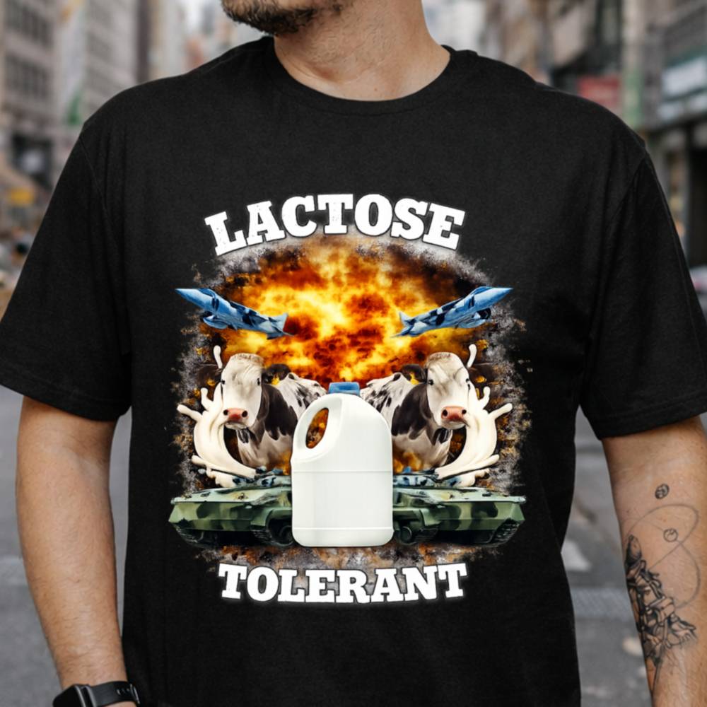 dark humor inappropriate lactose war satire t-shirt