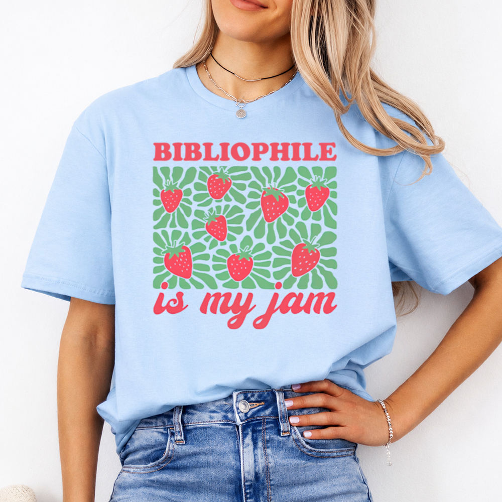 Bibliophile Shirt with 'is my jam' Strawberry Pattern