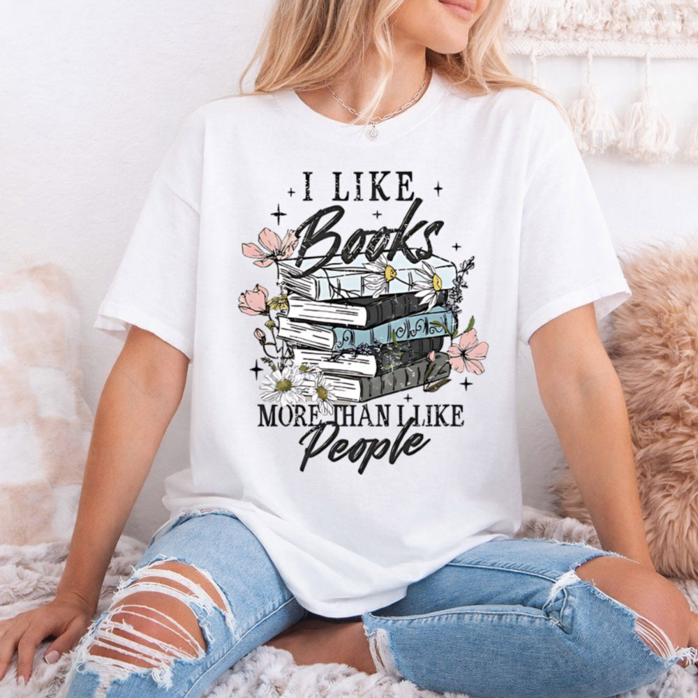Books Over People Shirt, 'I Like Books' Floral Stack 2