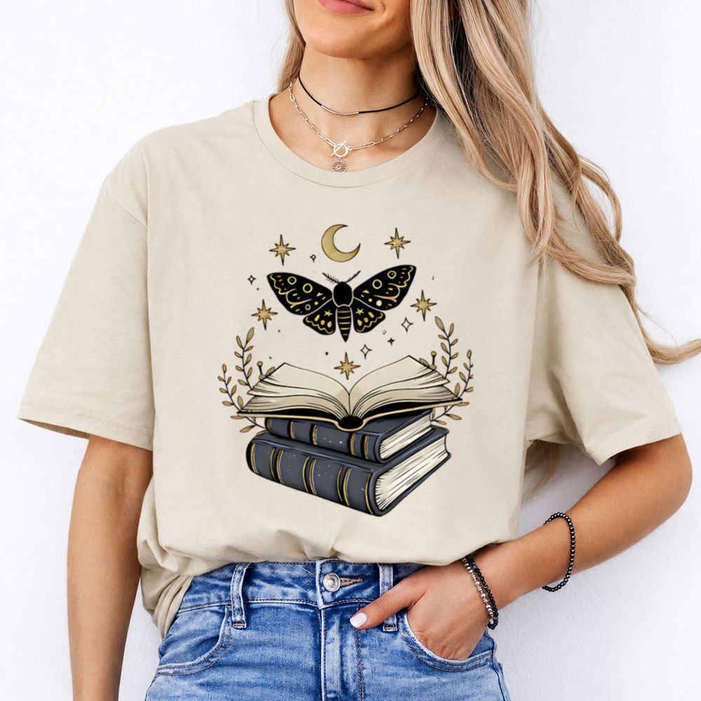booktrovert shirt Moon Moth Over Stacked Books