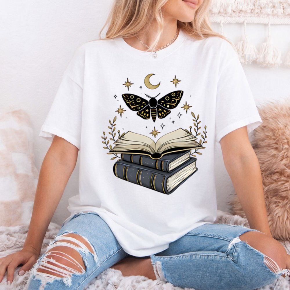 booktrovert shirt Moon Moth Over Stacked Books 2