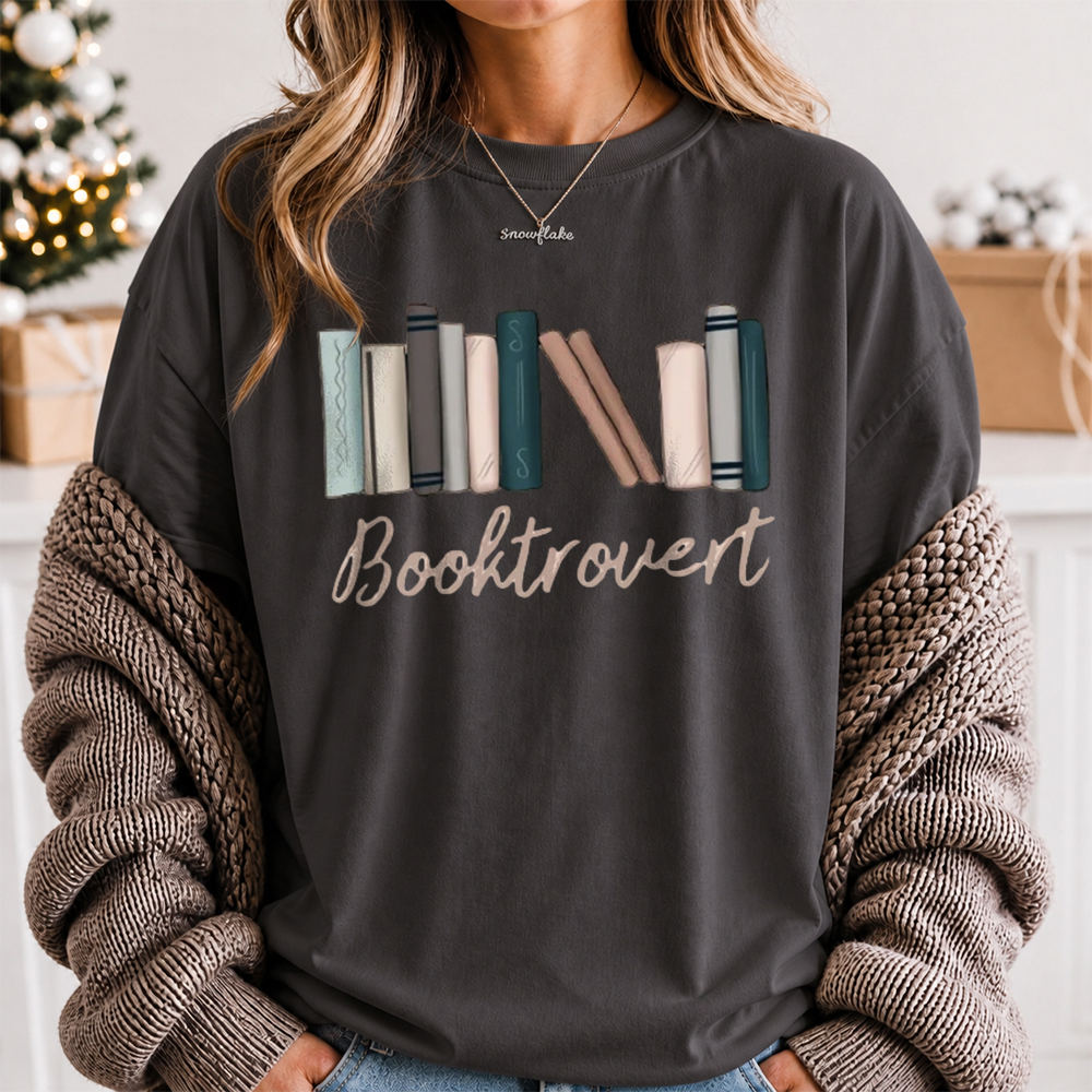 Booktrovert Shirt with Handwritten Script and Book Stack 2