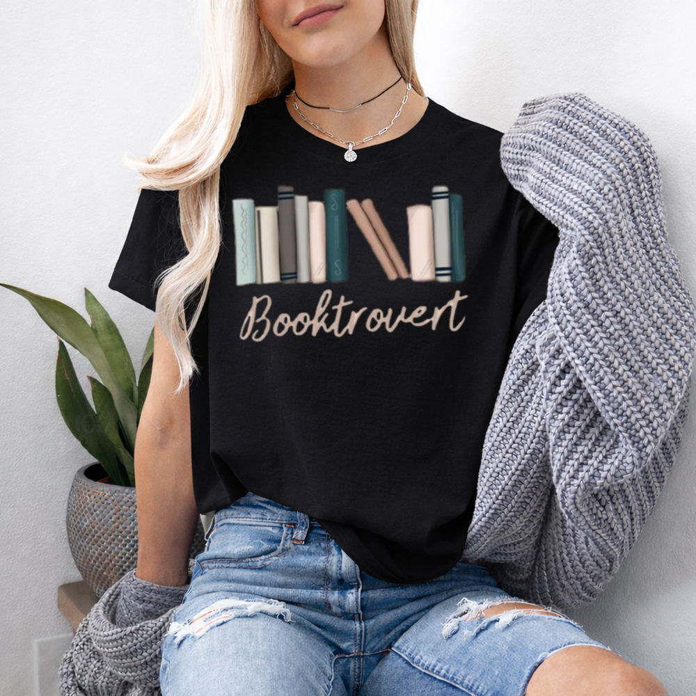 Booktrovert Shirt with Handwritten Script and Book Stack