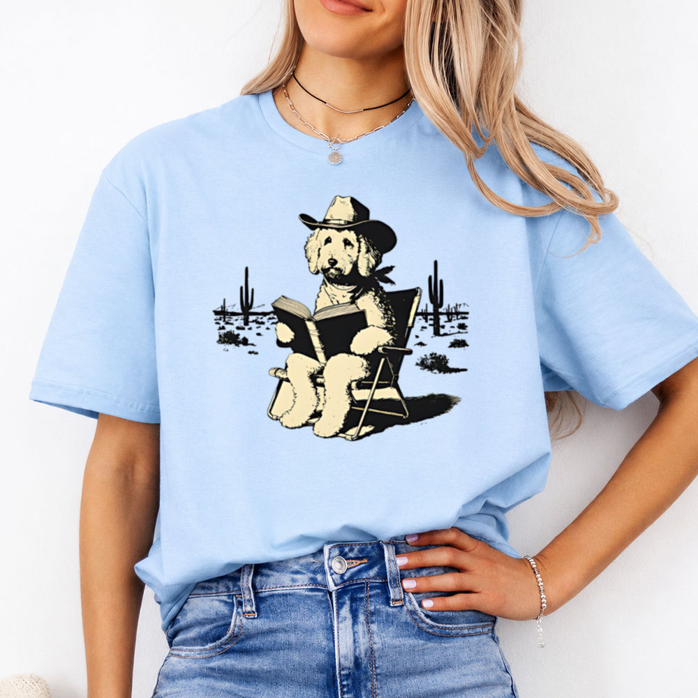 Bookworm Shirt: Goldendoodle Cowboy Reading 2