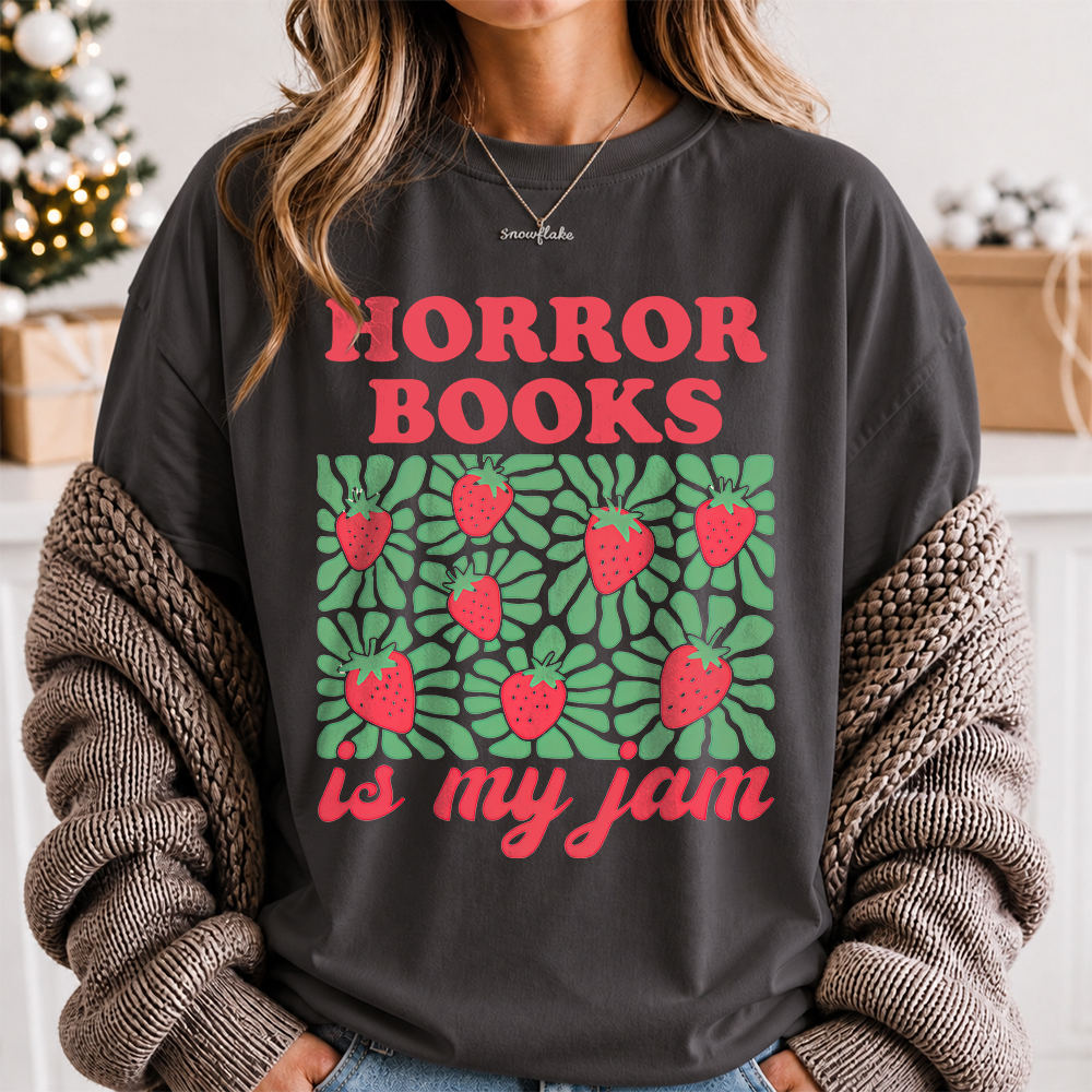 Bookworm Shirt: Horror Books Is My Jam Strawberry Graphic 2