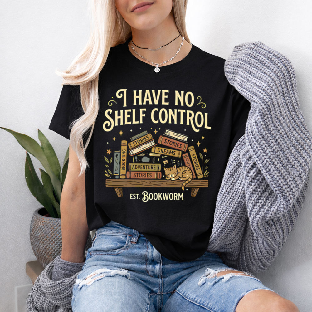 Bookworm Shirt I Have No Shelf Control, Sleepy Cat and Stacked Books 2