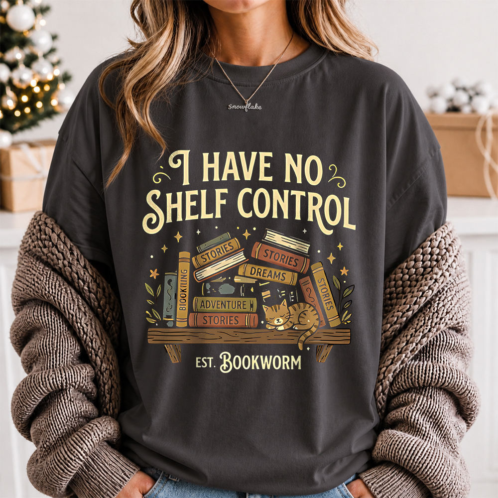 Bookworm Shirt I Have No Shelf Control, Sleepy Cat and Stacked Books