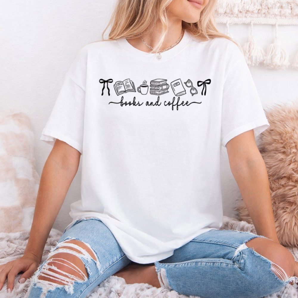 Bookworm Shirt with Books and Coffee Script and Cup Motif