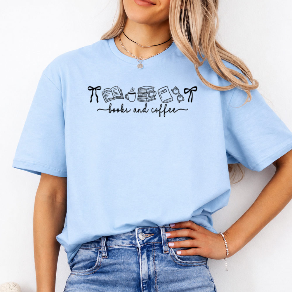 Bookworm Shirt with Books and Coffee Script and Cup Motif 2