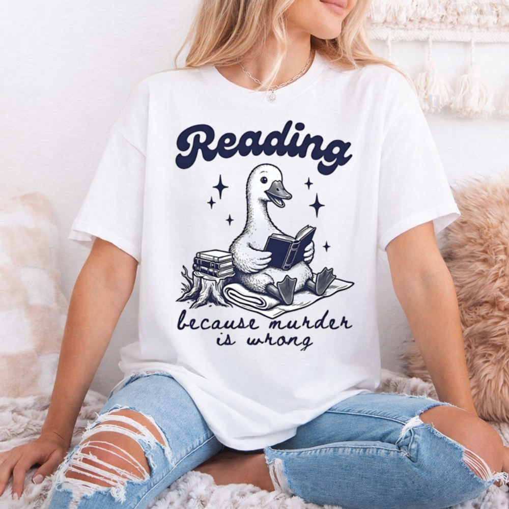 Bookworm Shirt with Sarcastic Quote 'Reading Because Murder Is Wrong' 2