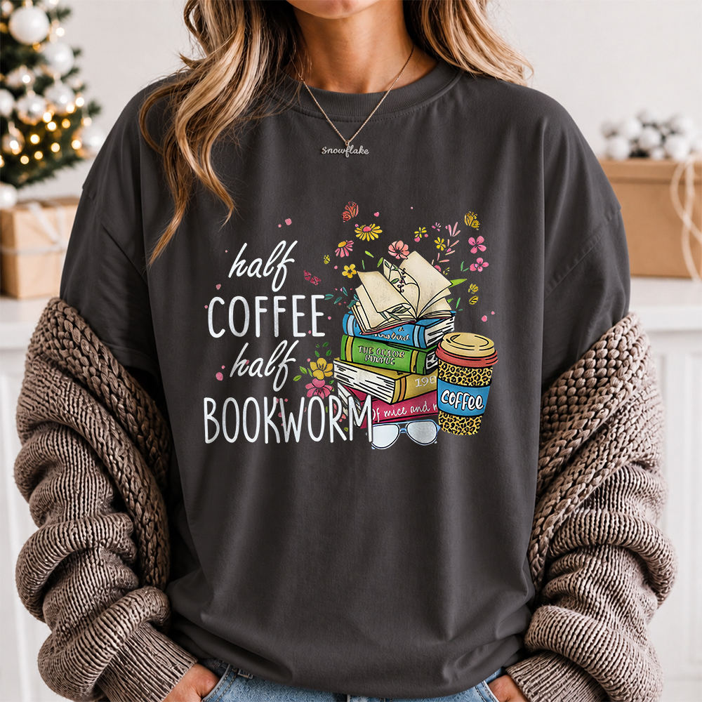 Cute Book Lover T-Shirt - Half Coffee Half Bookworm 2