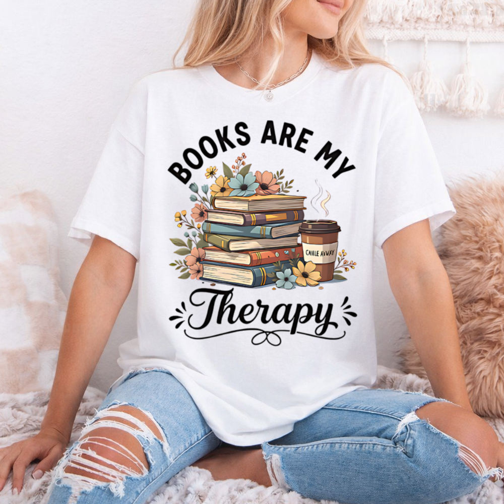 reading is my therapy shirt with books and coffee 2