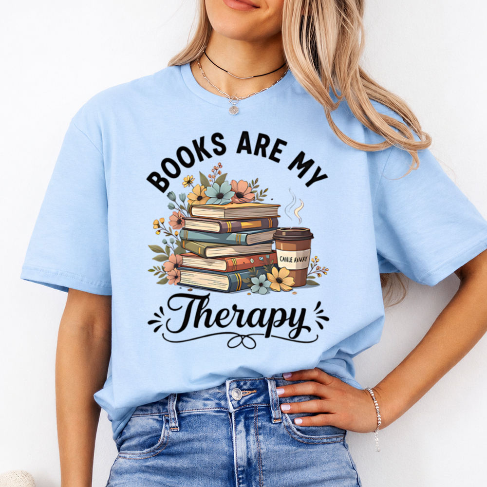 reading is my therapy shirt with books and coffee